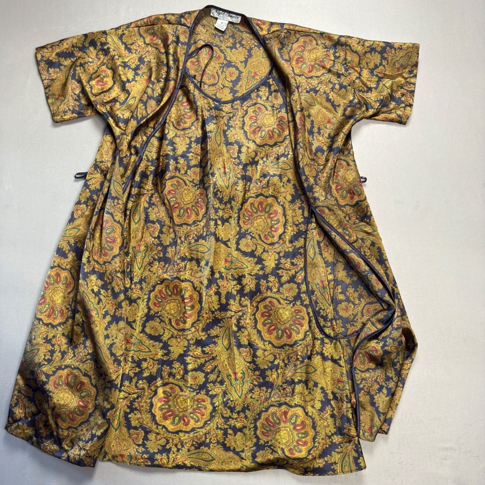 Vintage Night Essence‎ Satin Paisley Slip & Robe Set M Gold Navy